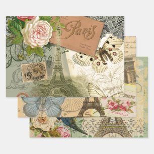 Hoja De Papel De Regalo París Francia Arte Antiguo Collage Eiffel Francés