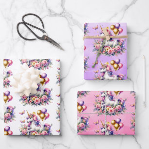 Hoja De Papel De Regalo Parte de cumpleaños de Unicornio rosa, morado y do
