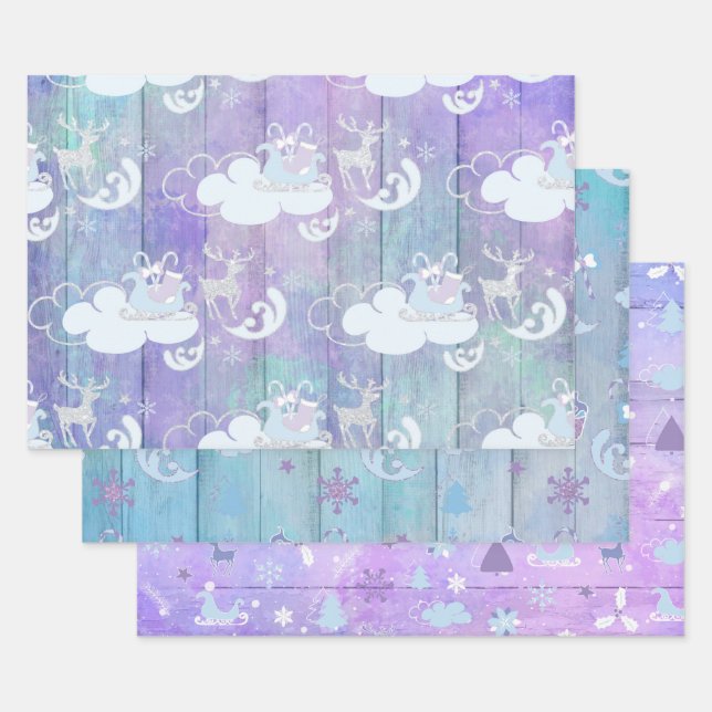 HOJA DE PAPEL DE REGALO PARTIDAS DE INVIERNO PURPLE BLUE PINK HOLIDAY (Set)