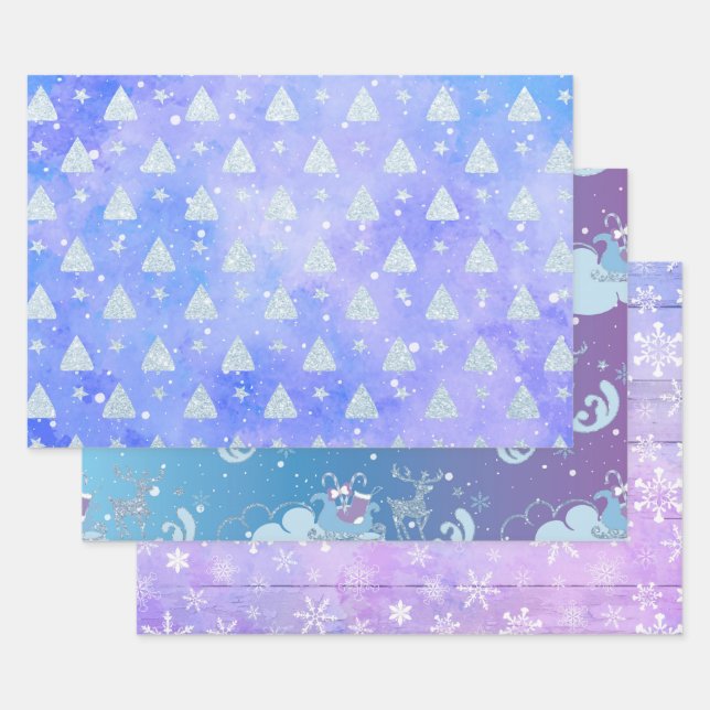 HOJA DE PAPEL DE REGALO PARTIDAS DE INVIERNO PURPLE BLUE PINK HOLIDAY (Set)
