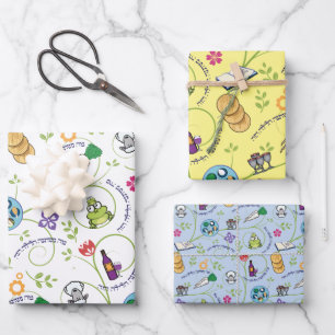 Hoja De Papel De Regalo Pascua Seder Matzah, Ranas de vino coloridas y div
