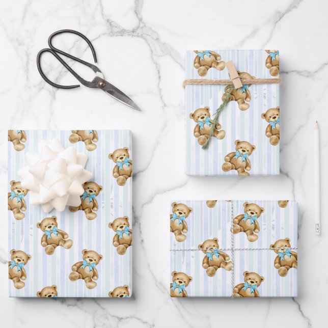 HOJA DE PAPEL DE REGALO PASTEL AZUL STRIPES Y BEARS DE NIÑO (Anverso)
