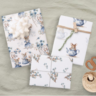 Hoja De Papel De Regalo Pastel Blue Floral Tea Mice