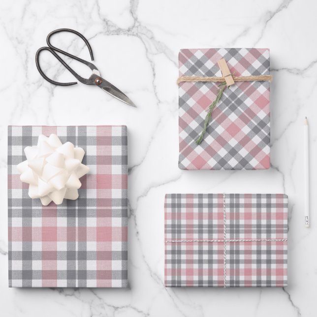 Hoja De Papel De Regalo Pastel Blush Pink Gray White Plaid Pattern (Anverso)