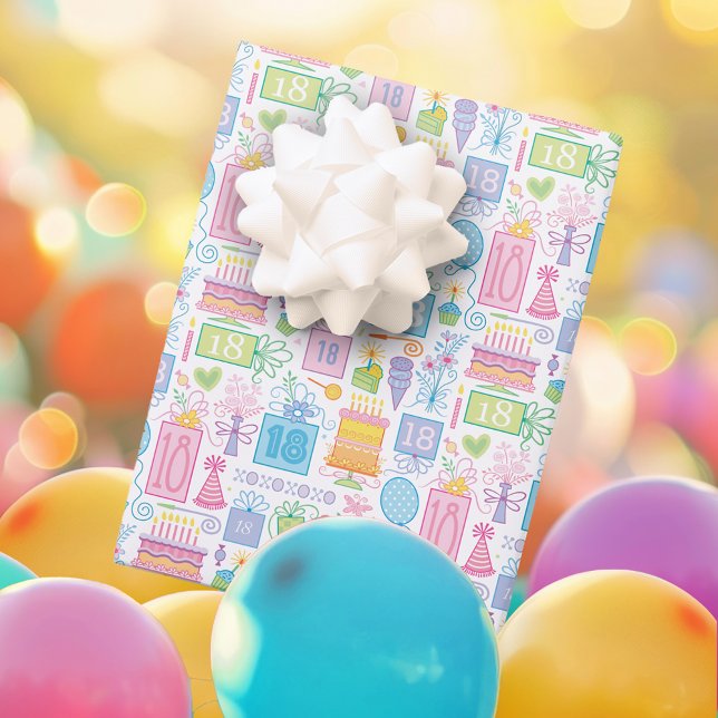 Hoja De Papel De Regalo Pastel brillante de cumpleaños 18 presenta globos (Subido por el creador)