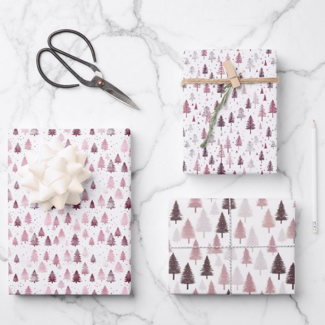 Hoja De Papel De Regalo Pastel de árbol de Navidad Burgundy y Plata (Anverso)