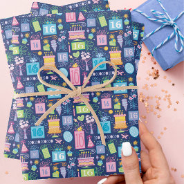 Hoja De Papel De Regalo Pastel de cumpleaños 16 presenta globos azul