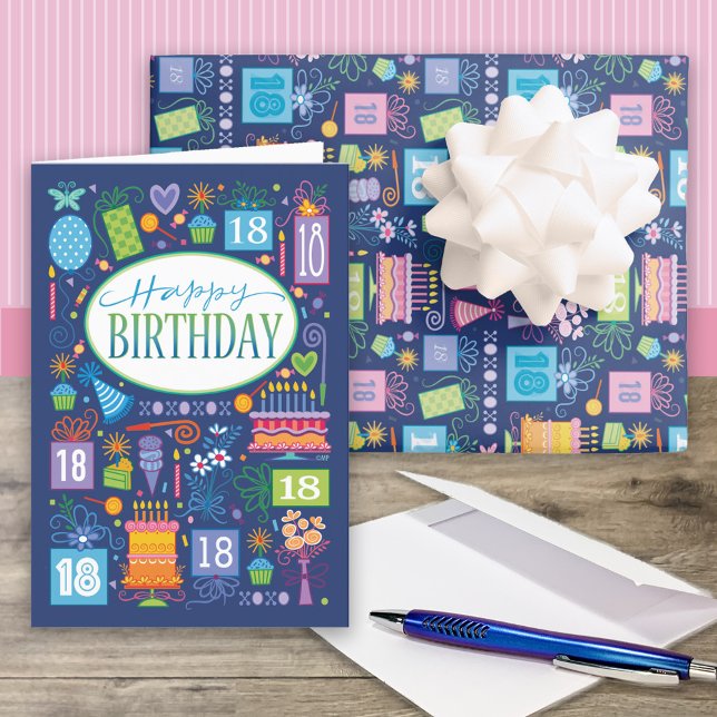 Hoja De Papel De Regalo Pastel de cumpleaños 18 presenta globos azul (Subido por el creador)
