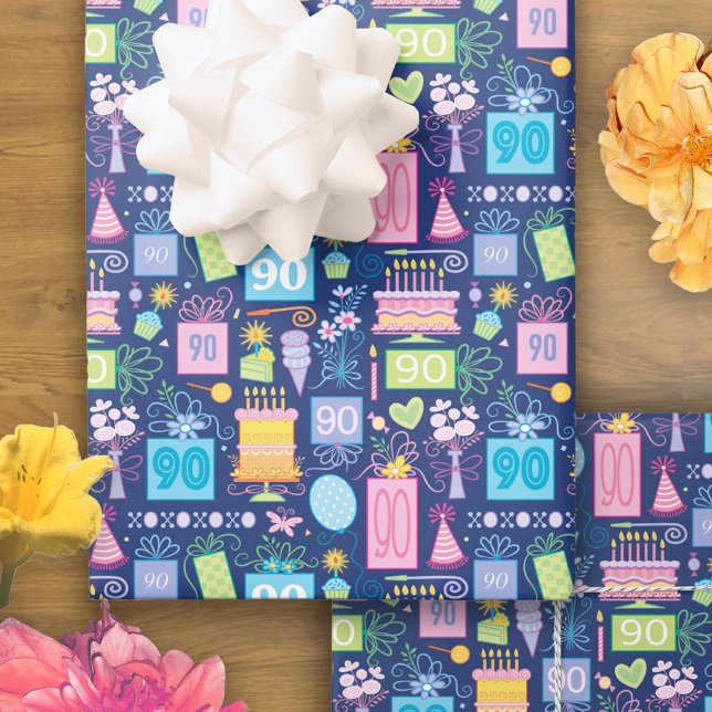 Hoja De Papel De Regalo Pastel de cumpleaños 90 presenta globos azules (Subido por el creador)