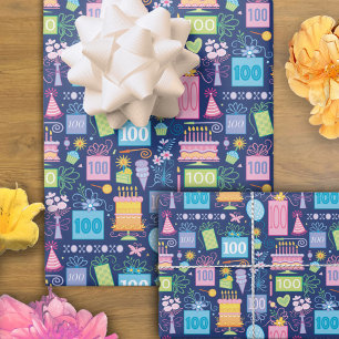 Hoja De Papel De Regalo Pastel de cumpleaños número 100 presenta globos az