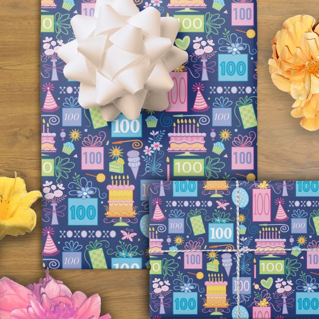 Hoja De Papel De Regalo Pastel de cumpleaños número 100 presenta globos az (Subido por el creador)