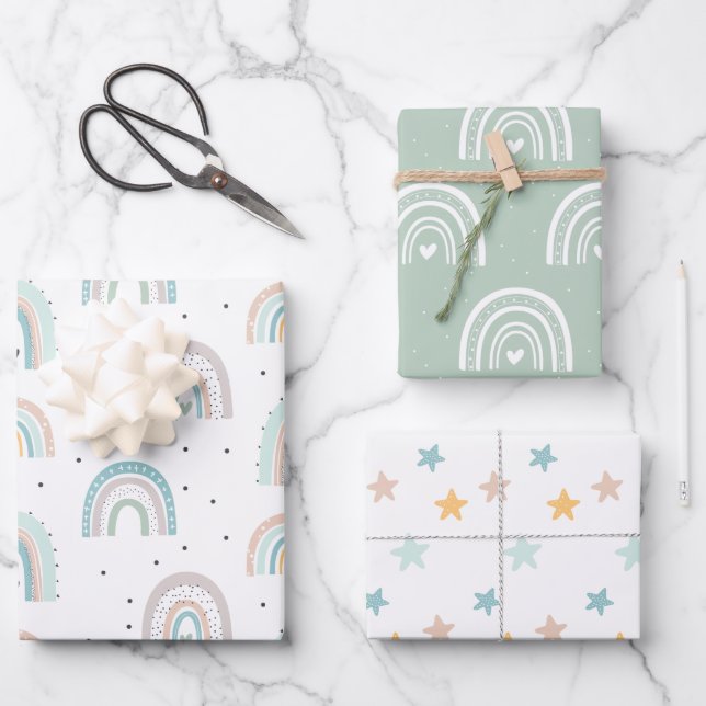 Hoja De Papel De Regalo Pastel de estrellas del arcoiris bebé verde azul (Anverso)