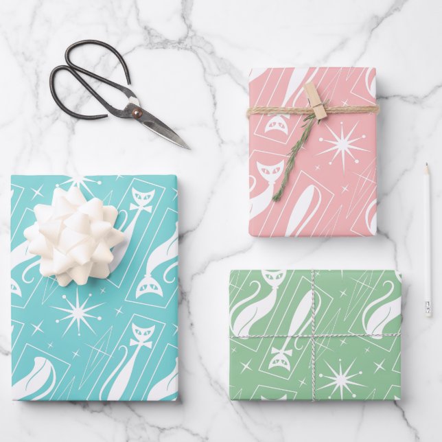 Hoja De Papel De Regalo Pastel de Navidades modernos de gato de estrella a (Anverso)