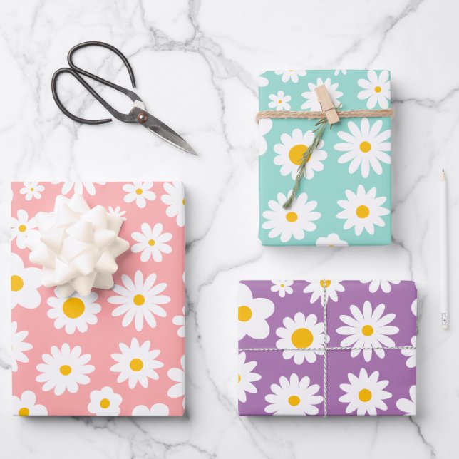 Hoja De Papel De Regalo Pastel gráfico moderno de margarita rosa azul y pú (Anverso)