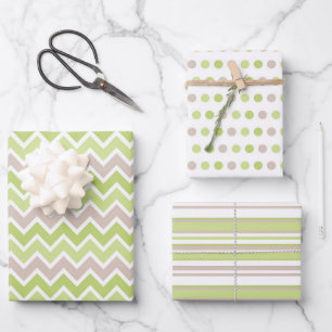 HOJA DE PAPEL DE REGALO PASTEL GREEN & TAN STRIPTS POLKA DOTS ZIG ZAG