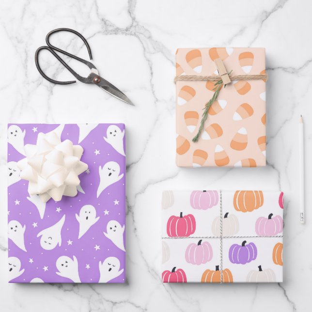 Hoja De Papel De Regalo Pastel Halloween Baby Ghosts Calabazas Lavanda (Anverso)