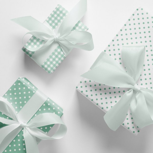 Hoja De Papel De Regalo Pastel Mint Green Polka Dots Gingham Pattern Mix (Elegant, mint green polka dots and gingham checks pattern mix and match wrapping paper sheets.)