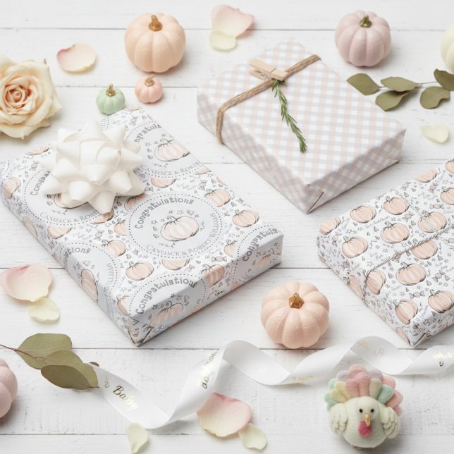 Hoja De Papel De Regalo Pastel Naranja y Gray Mom deben ser felicitaciones (Cute White Congratulations Little Pumpkin Thanksgiving Baby Shower Wrapping Paper for Mother to Be)