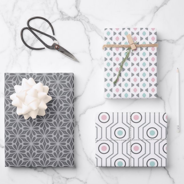 Hoja De Papel De Regalo Pastel Pattern of Gray, Pink, Mint Retro Shapes (Anverso)