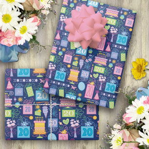 Hoja De Papel De Regalo Pastel presenta globos azul 20 cumpleaños