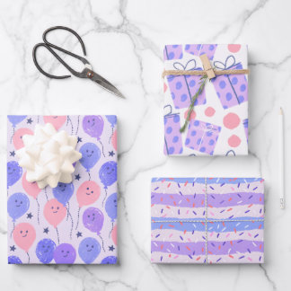 Hoja De Papel De Regalo Pastel Purple Balloon, Polka Dot, and Stripe