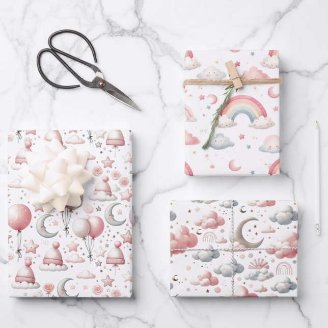 Hoja De Papel De Regalo Pastel Rainbow & Cloud Celestial Baby Gift  (Anverso)