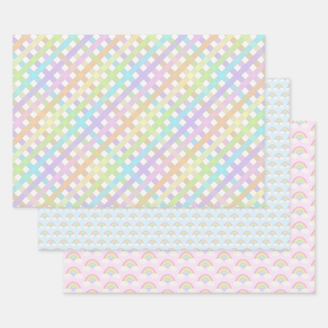 Hoja De Papel De Regalo Pastel Rainbow y Gingham Plaid (Set)