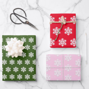 Hoja De Papel De Regalo Pastel rojo verde Copos de nieve blanco rosado