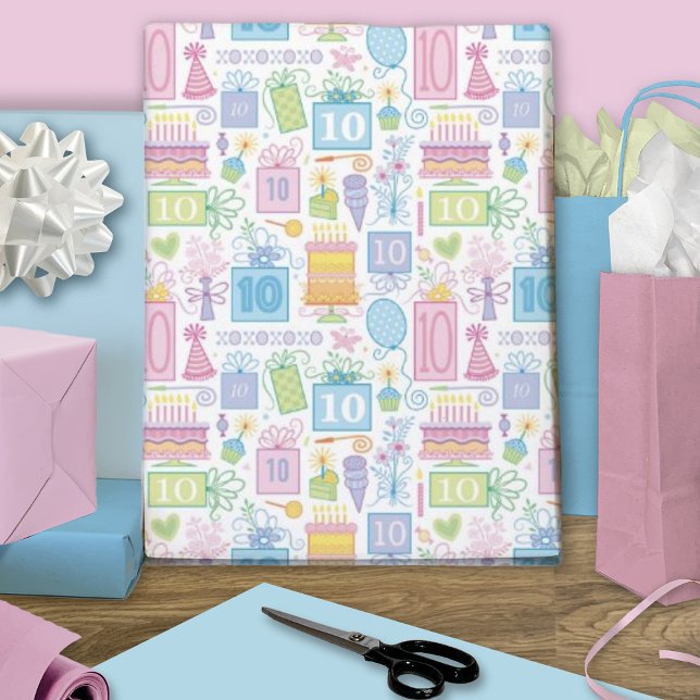 Hoja De Papel De Regalo Pastel rosa de cumpleaños 10 presenta globos (Subido por el creador)