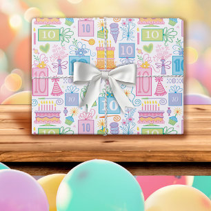 Hoja De Papel De Regalo Pastel rosa de cumpleaños 10 presenta globos