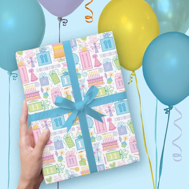 Hoja De Papel De Regalo Pastel rosa de cumpleaños 11 presenta globos (Subido por el creador)