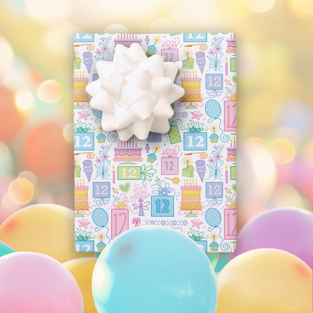 Hoja De Papel De Regalo Pastel rosa de cumpleaños 12 presenta globos (Subido por el creador)
