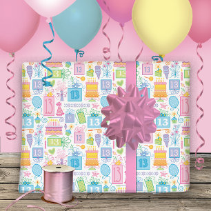 Hoja De Papel De Regalo Pastel rosa de cumpleaños 13 presenta globos