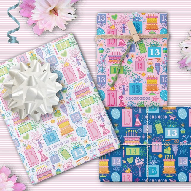Hoja De Papel De Regalo Pastel rosa de cumpleaños 13 presenta globos (Subido por el creador)