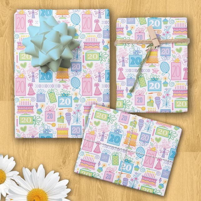 Hoja De Papel De Regalo Pastel rosa de cumpleaños 20 presenta globos (Subido por el creador)
