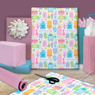 Hoja De Papel De Regalo Pastel rosa de cumpleaños 21 presenta globos