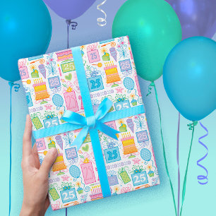 Hoja De Papel De Regalo Pastel rosa de cumpleaños 25 presenta globos