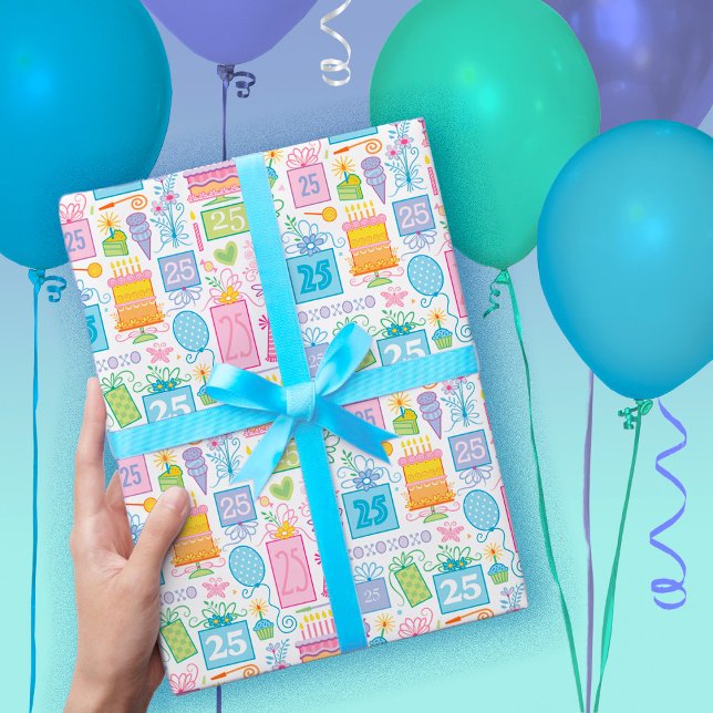 Hoja De Papel De Regalo Pastel rosa de cumpleaños 25 presenta globos (Subido por el creador)