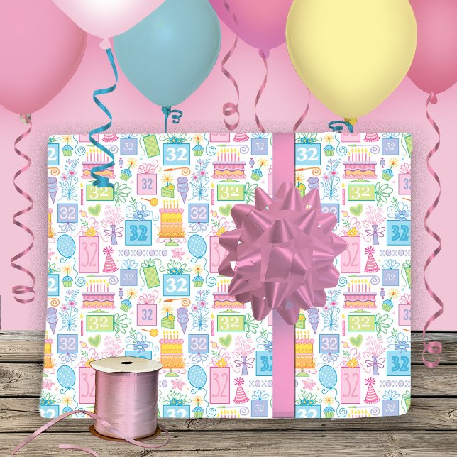 Hoja De Papel De Regalo Pastel rosado de cumpleaños 32 presenta globos (Subido por el creador)
