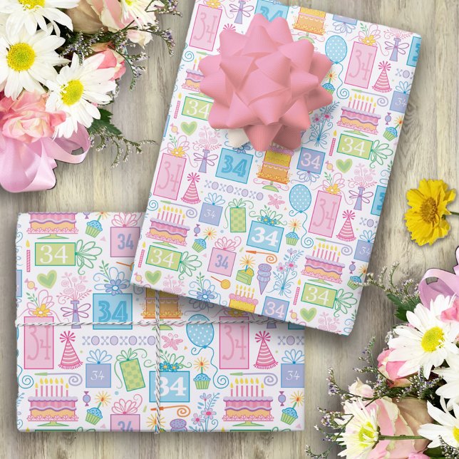 Hoja De Papel De Regalo Pastel rosado de cumpleaños 34 presenta globos (Subido por el creador)