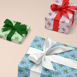Hoja De Papel De Regalo Pastel Scallop Tile Holly Branch Berry Navidades