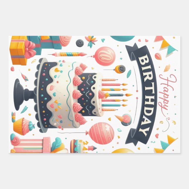 Hoja De Papel De Regalo Pastel y globos de celebración de cumpleaños (Anverso)