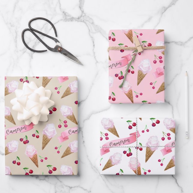 Hoja De Papel De Regalo Pasteles rosados personalizados de crema de hielo  (Anverso)