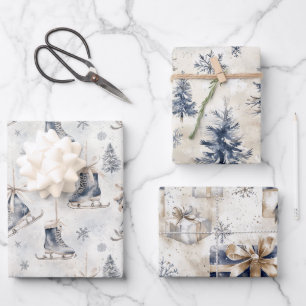 Hoja De Papel De Regalo Patines de hielo azules copos de nieve árboles de 