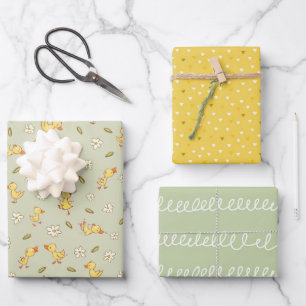 Hoja De Papel De Regalo Patitos lindos y divertidos sobre verde claro