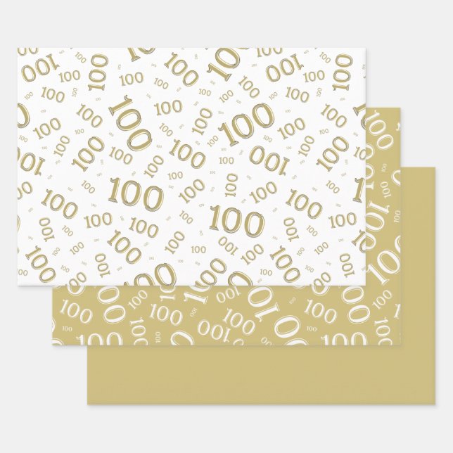 Hoja De Papel De Regalo Patrón 100 de oro y número blanco (Set)