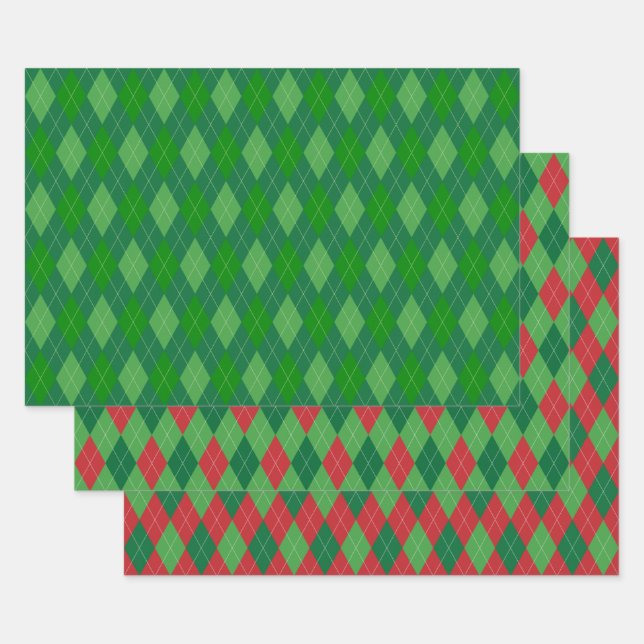 Hoja De Papel De Regalo Patrón Argyle Rojo y Verde (Set)