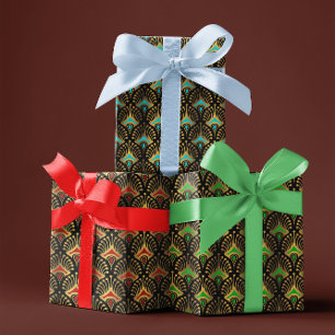 Hoja De Papel De Regalo Patrón Art Déco Azul, Verde Rojo Sobre Negro