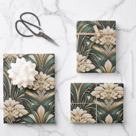Hoja De Papel De Regalo Patrón Art Déco con flores esmeralda doradas