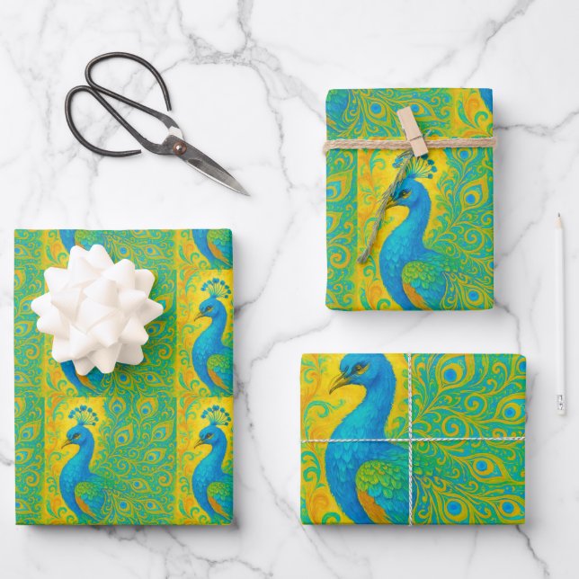 Hoja De Papel De Regalo Patrón Art Nouveau Peacock Yellow Damask (Anverso)